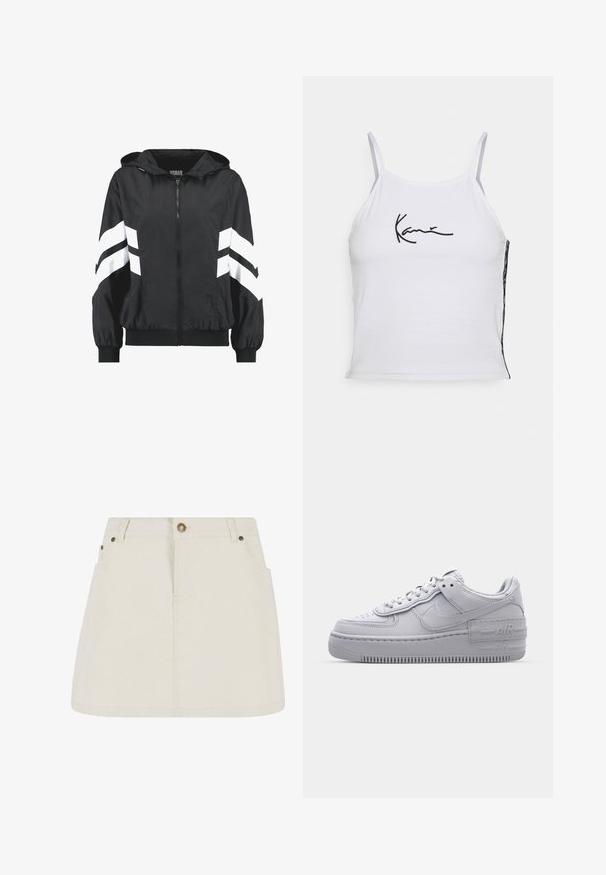 Sort lynlåstrøje med hætte med hvide chevronstriber på ærmerne samt elastiske manchetter og kant.; Hvid ærmeløs crop top lavet af bomuld, med sort broderet tekst. Sidepanel viser et mønstret stof, der tilføjer tekstur.; Lysebeige denim miniskørt med høj talje, to frontlommer og bronze knapdetaljer. Glat tekstur og enkelt design.; Grå Nike Air Force 1 sneakers med perforeret tå, glat læderoverdel, tyk sål og præget 'AIR' detalje på hælen.