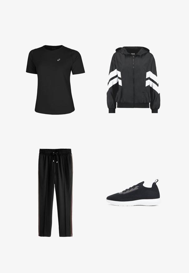 Sort lynlåstrøje med hætte med hvide chevronstriber på ærmerne samt elastiske manchetter og kant.; Sort atletisk T-shirt lavet af glat stof, med rund halsudskæring og korte ærmer. Indeholder et reflekterende logo på venstre front.; Next PETITE - Træningsbukser - black; Sort strikket lavt snøresko med hvid sål, trækflig på hælen, snørefront og "Tommy Hilfiger"-logo på siden.