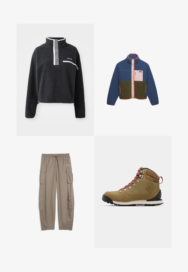 Chaqueta de forro polar con parte superior azul, parte inferior verde, bolsillo en el pecho con cremallera rosa claro y ribete naranja a lo largo de la cremallera, el cuello y los bolsillos.; Sudadera de forro polar negra con cuello de media cremallera, que presenta un bolsillo en el pecho y acentos en blanco y gris contrastantes. Textura suave, diseño recortado.; Pantalones cargo de corte ancho de color marrón claro con cintura con cordón y bolsillos con solapa en cada pierna, con un pequeño logo blanco de Puma en el lado derecho.; Bota de senderismo marrón con cordones rojos, ojales de metal, acabados de cuero y suela de goma. Presenta una puntera redondeada y un cuello acolchado.