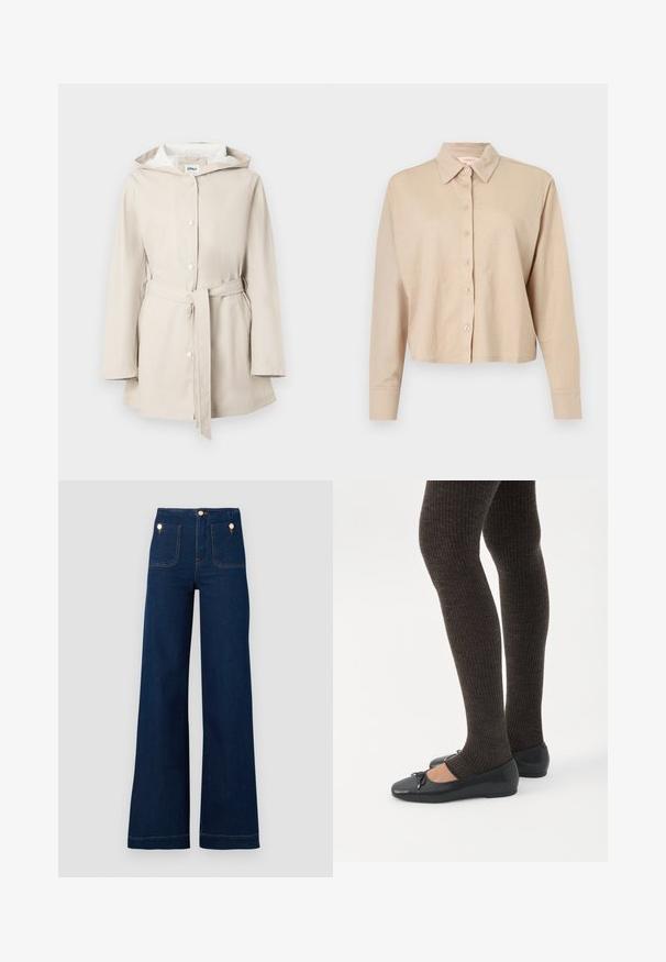 Beige regnfrakke med snørelukning ved hætten, forreste knapper og bælte. Glat tekstur med strømlinet design og sidelommer.; Beige langærmet cropped skjorte med krave og knaplukning foran, lavet af blødt, let stof.; Mørkeblå vidde jeans med høj talje, guldknap-detaljer, to for- og baglommer samt kontrastsyede detaljer. Tekstureret denim stof.; Ben iført mørke ribbede leggings kombineret med sorte balletsko med små sløjfedetaljer på hvid baggrund.