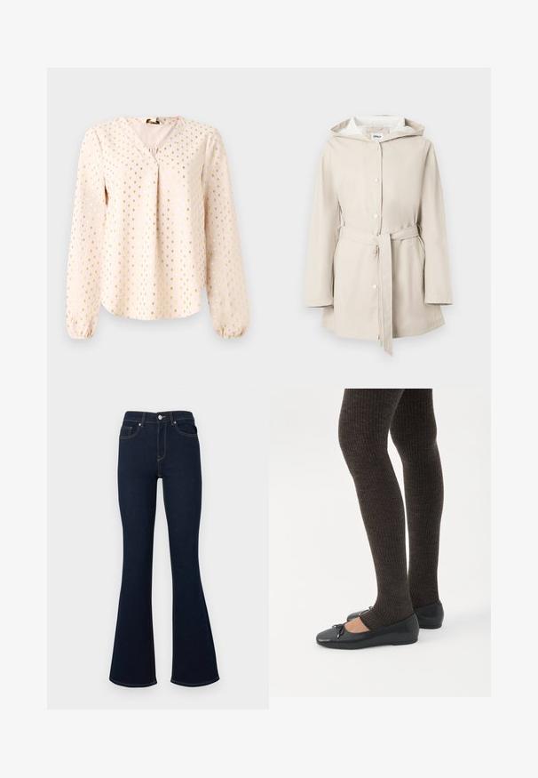 Beige regnfrakke med snørelukning ved hætten, forreste knapper og bælte. Glat tekstur med strømlinet design og sidelommer.; Langærmet, lys rosa bluse med V-hals, prydet med gyldne firkantede mønstre. Blød tekstur med samlede manchetter og en afslappet pasform.; Mørkeblå udvidede jeans med høj talje, forlommer og kontrastsyninger, lavet af denimstof med en glat tekstur.; Ben iført mørke ribbede leggings kombineret med sorte balletsko med små sløjfedetaljer på hvid baggrund.