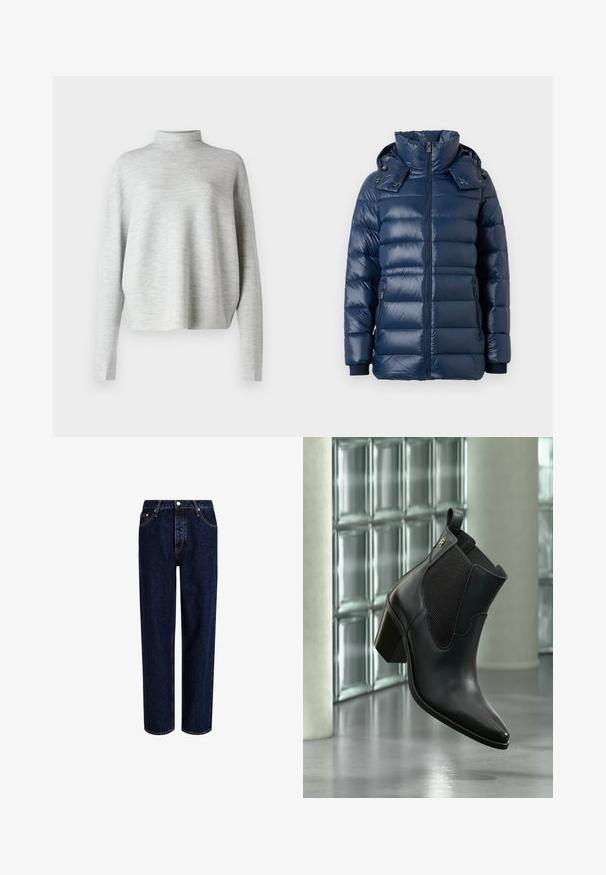 Mørkeblå pufferjakke med en skinnende overflade, lodret quiltet design, høj krave og hætte. Har lynlåse og ribbede manchetter.; Lys grå turtleneck sweater, lavet af blødt stof, med lange ærmer og en afslappet pasform, med en glat, fin struktur.; Mørkeblå denim jeans med lige ben-design, der har høj talje, fem-lomme-stil og kontrastsyninger. Ingen dekorationer.; Sort læderankelstøvle med blokhæl og elastisk sidepanel, flydende indendørs mod glasblokvæg og betongulv.