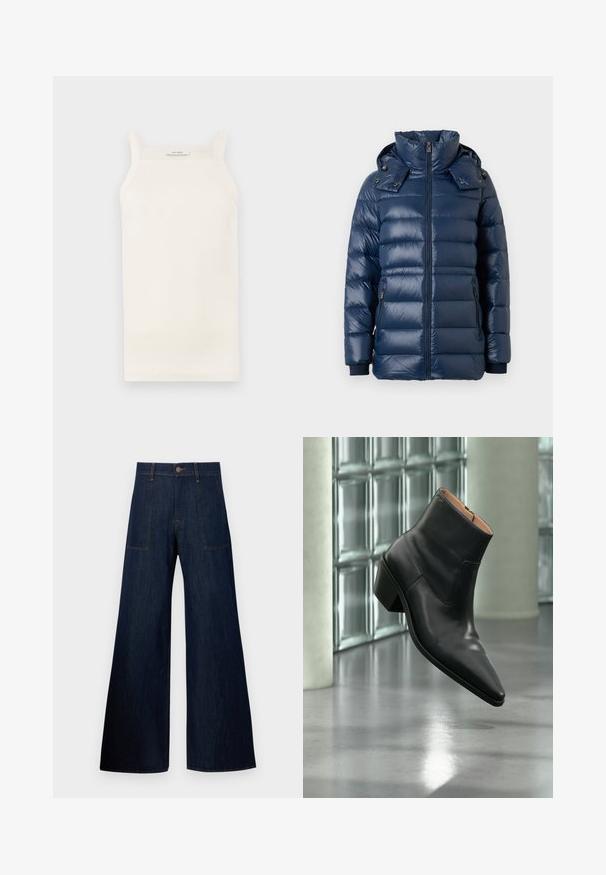 Mørkeblå pufferjakke med en skinnende overflade, lodret quiltet design, høj krave og hætte. Har lynlåse og ribbede manchetter.; Cremefarvet ribbet tanktop med tynde stropper, tætsiddende design og lige kant. Etiketten siger "IVY OAK." Materialet ser blødt og strækbart ud.; Mørkeblå vidde jeans lavet af denim, med to forlommer, synlige sømme og en knaplukning i taljen.; Sort læderankelstøvle med spids tå og blokhæl, der svæver over en reflekterende grå gulv nær en væg af glasblokke.