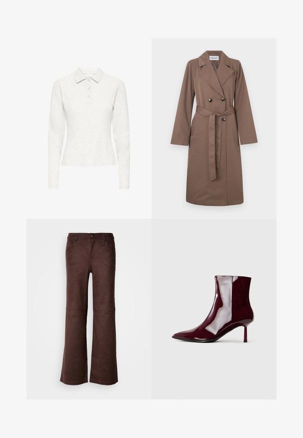 Brun dobbeltradet trenchcoat med bælte, lange ærmer, brede revers og sorte knapper. Fremstillet af glat stof med en elegant silhuet.; Langærmet hvid polo t-shirt med tre knapper, blødt tekstureret stof og klassisk krave, vist frontalt på en ensfarvet baggrund.; Brune flagrende bukser i et blødt, suede-lignende stof. Har fire lommer, en knaplukning og en glat, tekstureret overflade.; Skinnende mørkerød ankelstøvle med spids tå og tynd mellem-højde hæl på en lys ensfarvet baggrund.