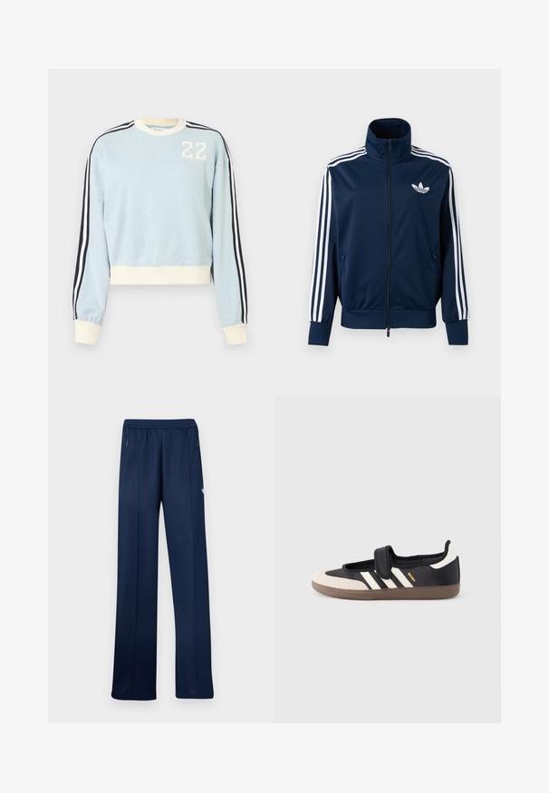 Veste de survêtement Adidas bleu marine avec des rayures blanches sur les manches, fermeture éclair intégrale à l'avant, col montant et logo trèfle blanc sur la poitrine.; Sweat-shirt bleu clair à manches longues avec poignets et ourlet blancs, rayures noires et blanches sur les manches, et "22" blanc imprimé sur la poitrine.; Pantalon de survêtement bleu marine avec ceinture élastique, poches latérales zippées, coupe droite et petit logo blanc sur la cuisse droite.; Baskets noires et beiges avec une bride en velcro, trois bandes blanches sur le côté, et une semelle en caoutchouc marron texturée. Logo de la marque visible.