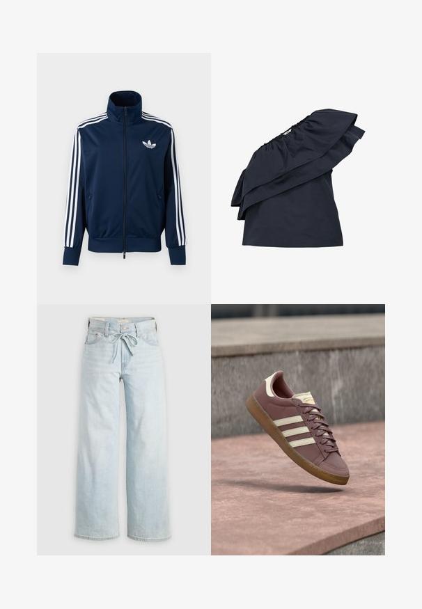 Chaqueta deportiva azul marino de Adidas con rayas blancas en las mangas, cremallera completa en la parte delantera, cuello alto y logotipo trefoil blanco en el pecho.; Top azul marino con hombros descubiertos, detalle de volantes en capas y escote elástico, diseño sin mangas.; Jeans de tiro alto de color azul claro, de pierna ancha, con lazo en la parte delantera, diseño clásico de cinco bolsillos y un sutil detalle de desgaste en las piernas. Material de denim.; Zapatilla de cuero rosa con detalles en beige, con tres franjas blancas, punta redonda, suela de goma marrón y cordones. Diseño clásico con detalles de costura.