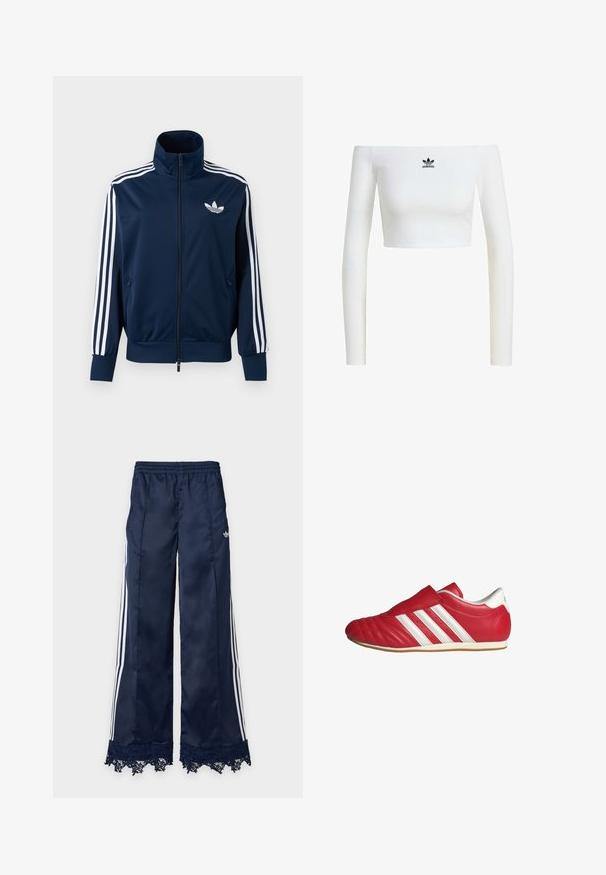 Marineblauw Adidas trainingsjack met witte strepen op de mouwen, volledige rits aan de voorkant, hoge kraag en wit trefoil-logo op de borst.; Witte off-shoulder crop top van ribstof, met lange mouwen en een klein zwart Adidas-logo aan de voorkant.; Marineblauwe trainingsbroek met wijde pijpen, witte zijstrepen, elastische tailleband, adidas-logo op de heup en kantafwerking aan de zoom.; Rode leren sportschoen met een ronde punt, gestructureerde bovenkant, witte zijstrepen en klittenbandsluiting. Platte rubberen zool voor grip.