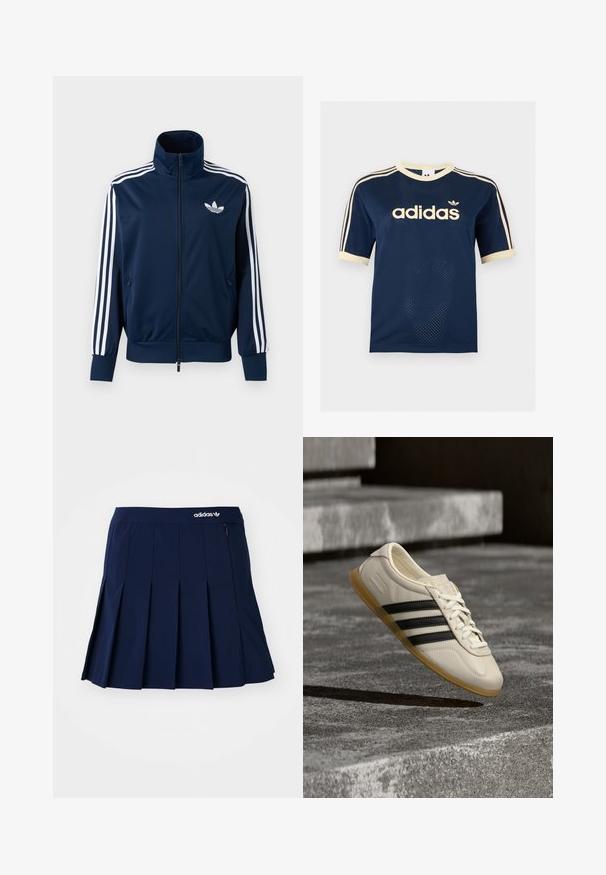 Marineblaue Adidas Trainingsjacke mit weißen Streifen an den Ärmeln, durchgehendem Reißverschluss vorne, hohem Kragen und weißem Trefoil-Logo auf der Brust.; Marineblaues Adidas Mesh-Kurzarmshirt mit cremefarbenem Besatz, drei cremefarbenen Streifen an den Ärmeln und Adidas-Logo auf der Brust.; Marineblauer Faltenrock aus leichtem Stoff; verfügt über einen elastischen Bund und eine kleine Reißverschlusstasche, mit einem weißen Adidas-Logo auf der Vorderseite.; Weißer Sneaker mit schwarzen Streifen und Gummisohle schwebt über Betontreppen im sanften Tageslicht.