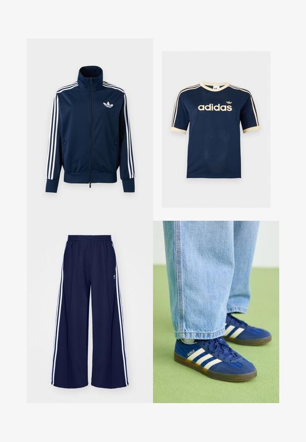 Marineblå Adidas trackjakke med hvide striber på ærmerne, fuld lynlås foran, høj krave og hvidt trefoil-logo på brystet.; Adidas mørkeblå mesh t-shirt med korte ærmer med cremefarvet kant, tre cremefarvede striber på ærmerne og Adidas-logo på brystet.; adidas Originals PANT - Træningsbukser - night indigo; Blå ruskindsneakers med hvide striber og teksturerede mønstre, båret med lyseblå denimbukser, sat mod en grøn baggrund.