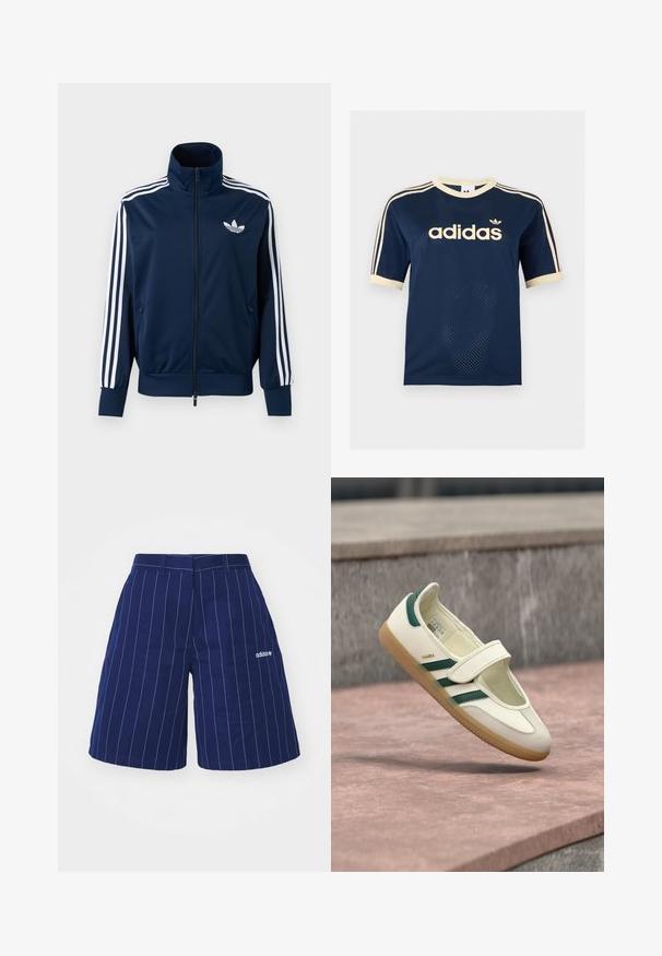 Marineblaue Adidas Trainingsjacke mit weißen Streifen an den Ärmeln, durchgehendem Reißverschluss vorne, hohem Kragen und weißem Trefoil-Logo auf der Brust.; Marineblaues Adidas Mesh-Kurzarmshirt mit cremefarbenem Besatz, drei cremefarbenen Streifen an den Ärmeln und Adidas-Logo auf der Brust.; Navyblaue Shorts mit weißen vertikalen Streifen, aus Baumwolle gefertigt, mit Gürtelschlaufen am Bund und einem gestickten Logo am linken Saum.; Weißer Lederschuh mit grünen Streifen, runde Spitze, durch einen Riemen gesichert. Gummisohle, minimalistisches Design, erhöhter Steppstich entlang der oberen Kanten.