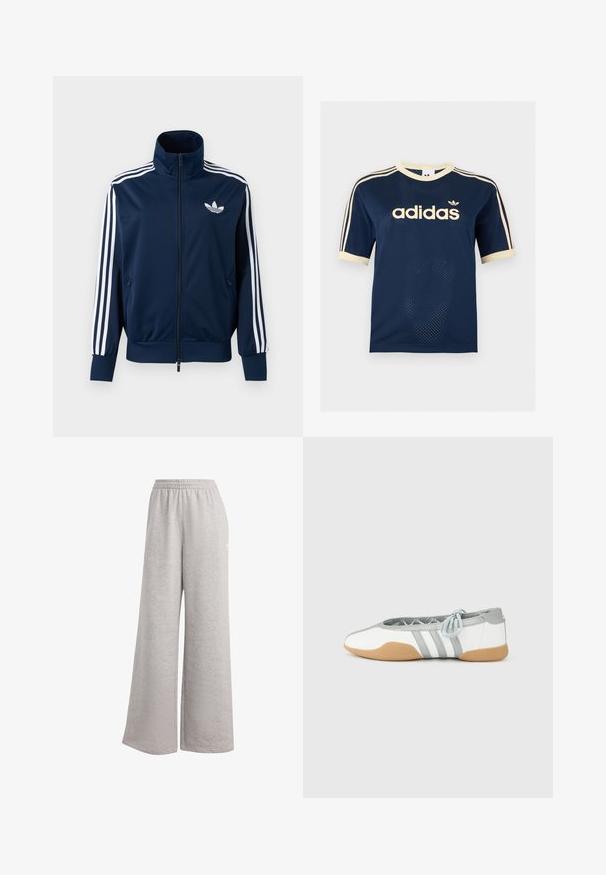 Marineblauw Adidas trainingsjack met witte strepen op de mouwen, volledige rits aan de voorkant, hoge kraag en wit trefoil-logo op de borst.; Marineblauw Adidas mesh T-shirt met korte mouwen, crèmekleurige afwerking, drie crèmekleurige strepen op de mouwen en Adidas-logo op de borst.; Lichtgrijze sweatpants met een losse pasvorm, elastische tailleband en zachte textuur. Heeft subtiele branding aan één kant. Casual ontwerp.; Witte en grijze ballerina's met een ronde neus en elastische veters, met drie grijze strepen en een beige rubberen zool.