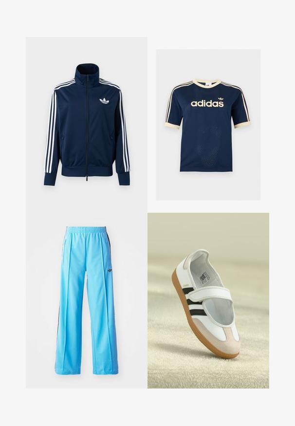 Marineblaue Adidas Trainingsjacke mit weißen Streifen an den Ärmeln, durchgehendem Reißverschluss vorne, hohem Kragen und weißem Trefoil-Logo auf der Brust.; Marineblaues Adidas Mesh-Kurzarmshirt mit cremefarbenem Besatz, drei cremefarbenen Streifen an den Ärmeln und Adidas-Logo auf der Brust.; Hellblaue Sporthose mit elastischem Bund, seitlichen Reißverschlüssen und schwarzen seitlichen Akzenten. Weicher Stoff mit schnittlosem, weit geschnittenem Design.; Weiße Schuhe mit einer pinken Wildleder-Zehe, schwarzen Streifen und einem Klettverschluss. Sie verfügen über eine tanfarbene Gummisohle und ein Logo an der Seite.