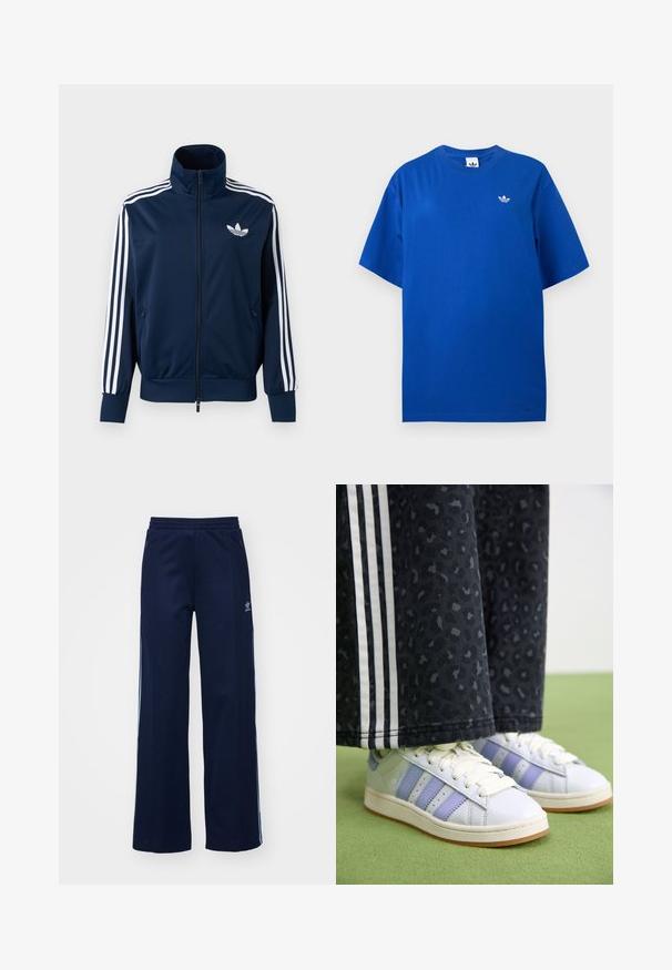 Tumesinine Adidasi jooksujakk valgete triipudega varrukatel, täispikk eesmine tõmblukk, kõrge krae ja valge trefoil-logo rinnal.; Sinine lühikeste varrukatega Adidas T-särk ümmarguse kaelusega, vasakul rinnal väike valge Adidas trefoil logo.; Tumesinise puuvillaseguse kangaga dressipüksid laia säärekujundusega, elastse värvliga ja tõmblukkudega taskutega, millel on valged külg triibud ja logodetail.; Valged nahktennisekingad heledate lilla aktsentidega, kolme triibuga ja kummitaldadega. Mustad püksid peene leopardimustriga ja külgtuvedega.