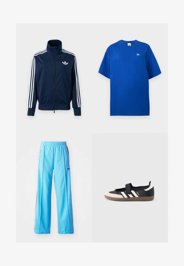 Marineblaue Adidas Trainingsjacke mit weißen Streifen an den Ärmeln, durchgehendem Reißverschluss vorne, hohem Kragen und weißem Trefoil-Logo auf der Brust.; Blaues Adidas T-Shirt mit kurzen Ärmeln und Rundhalsausschnitt mit kleinem weißem Adidas-Trefoil-Logo auf der linken Brust.; Hellblaue Sporthose mit elastischem Bund, seitlichen Reißverschlüssen und schwarzen seitlichen Akzenten. Weicher Stoff mit schnittlosem, weit geschnittenem Design.; Schwarzer und beiger Sneaker mit Klettverschluss, drei weißen Streifen an der Seite und einer strukturierten braunen Gummisohle. Markenlogo sichtbar.
