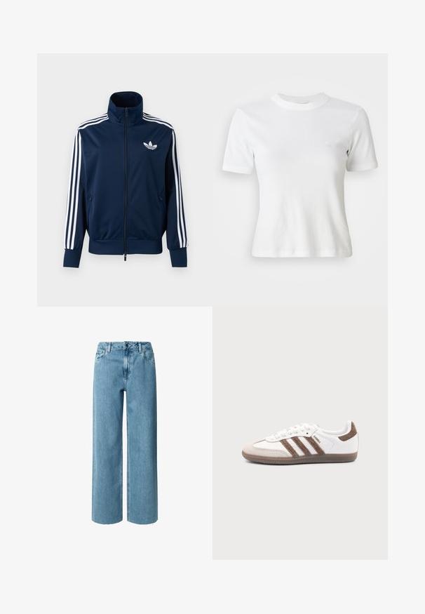 Marineblå Adidas trackjakke med hvide striber på ærmerne, fuld lynlås foran, høj krave og hvidt trefoil-logo på brystet.; Hvid ribbet kortærmet T-shirt med rund halsudskæring og et lille logo på brystet. Lavet af blødt stof med en tætsiddende pasform.; Blå denim bukser med brede ben og høj talje, der har bæltestropper, lynlås og frynser ved kanten. Stofmaterialet har en blød, glat tekstur.; Hvid Adidas Samba sneaker med brune ruskindstriber, brun gummisål og beige ruskindståhætte, vist fra ydersiden på en ensfarvet baggrund.