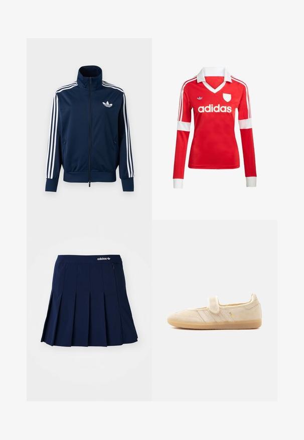 Tmavomodrá Adidas tréningová bunda s bielymi pruhmi na rukávoch, so zapínaním na zips vpredu, vysokým golierom a bielym logom trefoil na hrudi.; Červený futbalový dres s dlhým rukávom a bielym golierom a manžetami. Na ramenách sú tri biele pruhy a výrazne zobrazené logo "adidas".; Námornícky skládací sukňa vyrobená z ľahkého materiálu; má elastický pás a malú zipsovú kapsu, s bielym logom Adidas vpredu.; Béžový semišový teniska Mary Jane s pásikom na suchý zips, gumovou podrážkou, tromi prešitými pásikmi a zlatým nápisom "SAMBA" na boku.
