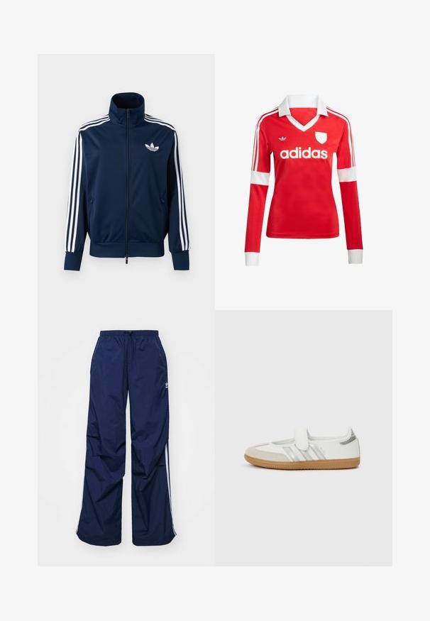 Marineblå Adidas treningsjakke med hvite striper på ermene, hel glidelås foran, høy krage og hvit trefoil-logo på brystet.; Rød langermet fotballdrakt med hvit krage og mansjetter. Har tre hvite striper på skuldrene og "adidas"-logoen iøynefallende plassert.; Marineblå, lette bukser med elastisk midje og snor, med hvite sidestriper og en liten logo foran. Løs passform.; Hvit joggesko med sølvstriper, semsket tåhette og borrelåsstropp. Strukturert såle av gummigummi. Minimalistisk design med glatt finish.