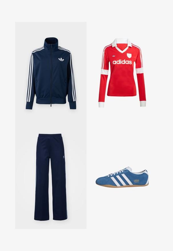 Σκούρο μπλε αθλητικό μπουφάν Adidas με λευκές ρίγες στα μανίκια, ολόκληρο μπροστινό φερμουάρ, ψηλό γιακά και λευκό λογότυπο τριφυλλιού στο στήθος.; Κόκκινη ποδοσφαιρική φανέλα με μακριά μανίκια, λευκό γιακά και μανσέτες. Διαθέτει τρεις λευκές ρίγες στους ώμους και το λογότυπο "adidas" εμφανώς τοποθετημένο.; Σαλοπέτες από καμβά βαμβακερού με παραλληλόγραμμο σχεδιασμό και φαρδιά πόδια, ελαστική μέση και τσέπες με φερμουάρ, με λευκές λωρίδες στα πλάγια και λεπτομέρεια λογότυπου.; Μπλε σουέτ αθλητικά παπούτσια με λευκές δερμάτινες ρίγες, με στρογγυλή μύτη, σόλα από καουτσούκ γάλακτος και χρυσό λογότυπο "adidas TOKYO" στην πλευρά.