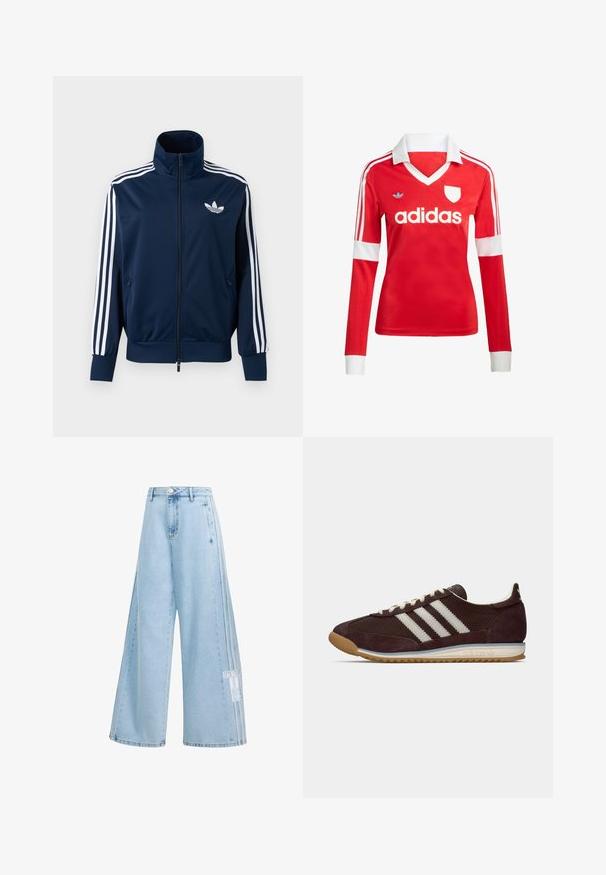 Marineblaue Adidas Trainingsjacke mit weißen Streifen an den Ärmeln, durchgehendem Reißverschluss vorne, hohem Kragen und weißem Trefoil-Logo auf der Brust.; Rotes Fußballtrikot mit langen Ärmeln, weißem Kragen und weißen Ärmelbündchen. Es hat drei weiße Streifen auf den Schultern und das "adidas"-Logo ist auffällig platziert.; Hellblaue, weit geschnittene Jeans mit Adidas-Drei-Streifen-Detail und Logo-Patch am rechten Bein, hoher Taille und Knopfverschluss.; Niedrig profilierter dunkelburgunderfarbener Adidas Sneaker mit weißen Streifen, cremfarbenen Schnürsenkeln und Gummisohle, seitliche Ansicht vor einfarbigem Hintergrund.