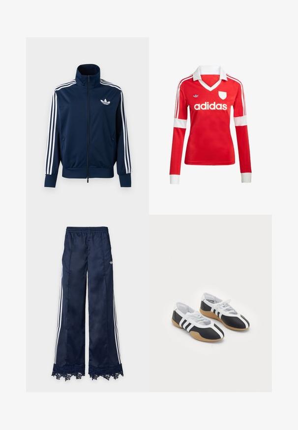 Marineblauw Adidas trainingsjack met witte strepen op de mouwen, volledige rits aan de voorkant, hoge kraag en wit trefoil-logo op de borst.; Rode lange mouwen voetbalshirt met een witte kraag en manchetten. Heeft drie witte strepen op de schouders en het "adidas" logo prominent weergegeven.; Marineblauwe trainingsbroek met wijde pijpen, witte zijstrepen, elastische tailleband, adidas-logo op de heup en kantafwerking aan de zoom.; Zwart-witte sport schoenen met een slank ontwerp, rubberen zool, vetersluiting en drie witte strepen aan de zijkanten.
