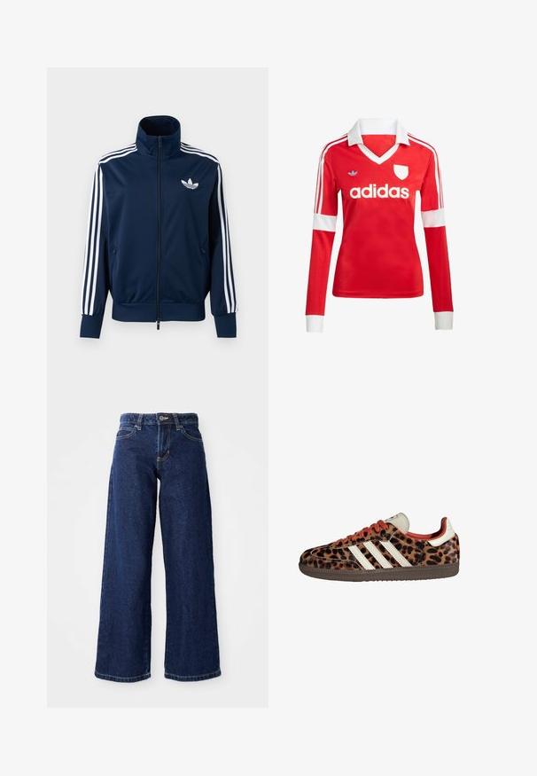 Marineblauw Adidas trainingsjack met witte strepen op de mouwen, volledige rits aan de voorkant, hoge kraag en wit trefoil-logo op de borst.; Rode lange mouwen voetbalshirt met een witte kraag en manchetten. Heeft drie witte strepen op de schouders en het "adidas" logo prominent weergegeven.; Donkerblauwe wijde spijkerbroek van denim, met een knoop- en ritssluiting, riemlussen en klassieke vijf-pocketontwerp.; Leopardprint sneakers van suède met rode veters en drie witte strepen aan de zijkant. Bevat een crèmekleurige tong en een bruine zool.