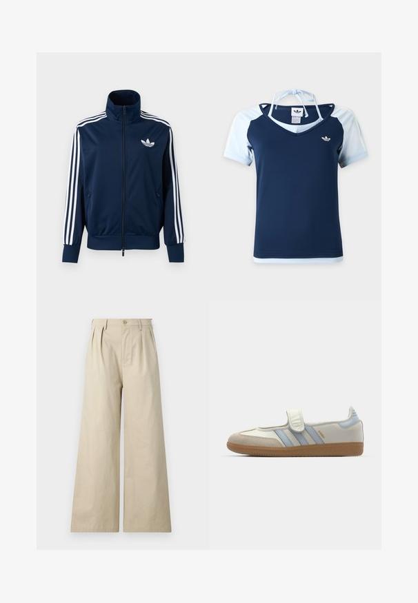 Veste de survêtement Adidas bleu marine avec des rayures blanches sur les manches, fermeture éclair intégrale à l'avant, col montant et logo trèfle blanc sur la poitrine.; Haut Adidas manches courtes bleu marine et bleu clair avec col en V, logo sur la poitrine et bretelle halter attachée à l'arrière du cou.; Pantalons larges beiges en coton, avec des plis, une fermeture à bouton et des poches latérales, au toucher lisse et doux.; adidas Originals SAMBA JANE BALLERINA - Babies - cloud white/halo blue