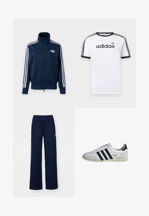 Tmavomodrá Adidas tréningová bunda s bielymi pruhmi na rukávoch, so zapínaním na zips vpredu, vysokým golierom a bielym logom trefoil na hrudi.; Biele bavlnené tričko s čiernymi akcentmi, so zapínaním okolo krku, krátkymi rukávmi, tromi čiernymi pruhmi na ramenách a čiernym logom „adidas“.; Námornícke nohavice z bavlneného zmesi s širokým strihom, elastickým pásom a zipsovými vreckami, s bielymi bočnými pruhmi a detailom loga.; Biele tenisky s čiernymi pruhmi a zlatým brandingom. Obsahujú semišové a kožené materiály, perforovaný zvršok a textúrovanú gumovú podrážku.