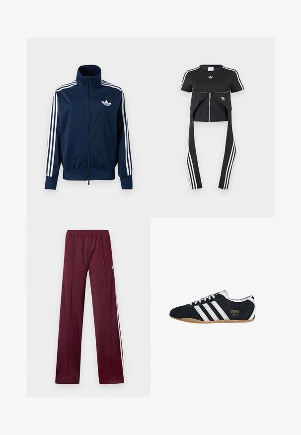 Marineblauw Adidas trainingsjack met witte strepen op de mouwen, volledige rits aan de voorkant, hoge kraag en wit trefoil-logo op de borst.; Zwart kort mouwtopje met witte Adidas-strepen op de mouwen, ritssluiting aan de voorkant en langere stofpanelen die naar beneden hangen met drie witte strepen.; Wijnrode trainingsbroek met elastische tailleband, zijzakken met rits, witte zijstrepen en een klein wit Adidas-logo op de rechterdij.; Zwarte suède sneaker met witte drie strepen, gouden logo en een bruine rubberen zool. Heeft een laag profiel vetersluiting ontwerp.