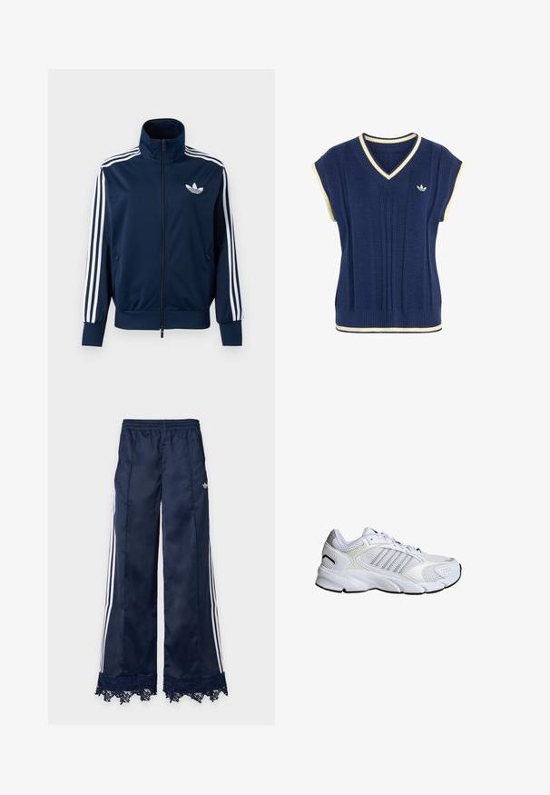 Marineblauw Adidas trainingsjack met witte strepen op de mouwen, volledige rits aan de voorkant, hoge kraag en wit trefoil-logo op de borst.; Marineblauwe gebreide mouwloze trui met witte biezen aan de V-hals, armsgaten en zoom, met een klein wit Adidas-logo op de borst.; Marineblauwe trainingsbroek met wijde pijpen, witte zijstrepen, elastische tailleband, adidas-logo op de heup en kantafwerking aan de zoom.; Witte sportschoen met ademend mesh en synthetische materialen, drie zilveren strepen, een getextureerde rubberen zool en een gevoerde kraag.
