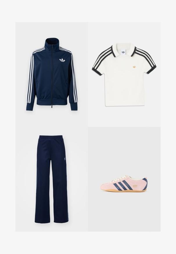 Tmavomodrá Adidas tréningová bunda s bielymi pruhmi na rukávoch, so zapínaním na zips vpredu, vysokým golierom a bielym logom trefoil na hrudi.; Biela polokošeľa s krátkymi rukávmi s čiernymi pruhmi na ramenách a rukávoch, čiernym okrajom goliera a malým zlatým logom Adidas na hrudi.; Námornícke nohavice z bavlneného zmesi s širokým strihom, elastickým pásom a zipsovými vreckami, s bielymi bočnými pruhmi a detailom loga.; Svetloružové tenisky z semišu s námornícky modrými pruhmi a akcentmi. Majú svetložltý jazyk a šnúrky, s gumovou podrážkou.