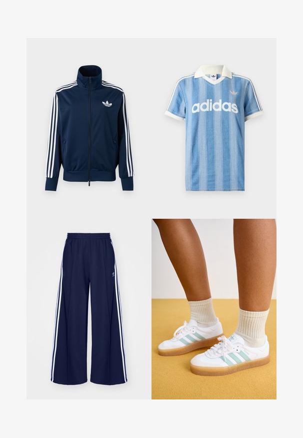Marineblå Adidas trackjakke med hvide striber på ærmerne, fuld lynlås foran, høj krave og hvidt trefoil-logo på brystet.; Lyseblå polo med korte ærmer og lodrette striber, hvide detaljer og en fremtrædende hvid "adidas"-logo på forsiden.; adidas Originals PANT - Træningsbukser - night indigo; Hvite sneakers med mintgrønne striber, gummisål og snørebånd, parret med ribbede cremefarvede sokker. Sat mod en gul baggrund.