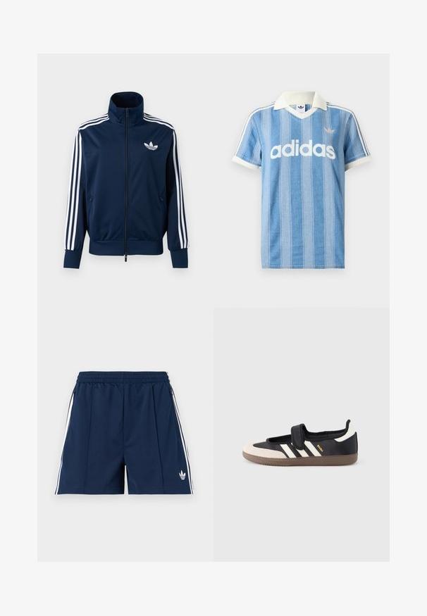 Σκούρο μπλε αθλητικό μπουφάν Adidas με λευκές ρίγες στα μανίκια, ολόκληρο μπροστινό φερμουάρ, ψηλό γιακά και λευκό λογότυπο τριφυλλιού στο στήθος.; Ανοιχτό μπλε κοντομάνικη μπλούζα πόλο με κάθετες ρίγες, λευκές λεπτομέρειες και εμφανές λευκό λογότυπο "adidas" στο μπροστινό μέρος.; Μπλε ναυτικό αθλητικό σορτς με ελαστική μέση, λευκές πλαϊνές ρίγες, τσέπες με φερμουάρ και μικρό λευκό λογότυπο Adidas στο αριστερό πόδι.; Μαύρο και μπεζ αθλητικό παπούτσι με λουράκι βέλκρο, τρεις λευκές ρίγες στο πλάι και υφασμένη καφέ πατούσα από καουτσούκ. Ορατό το λογότυπο της μάρκας.