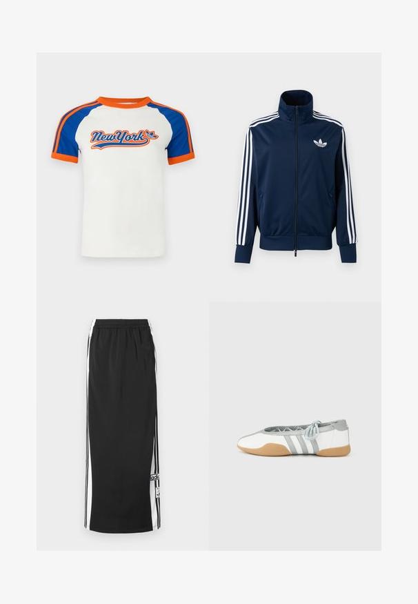 Σκούρο μπλε αθλητικό μπουφάν Adidas με λευκές ρίγες στα μανίκια, ολόκληρο μπροστινό φερμουάρ, ψηλό γιακά και λευκό λογότυπο τριφυλλιού στο στήθος.; Άσπρο κοντομάνικο μπλουζάκι με μπλε ραγκλάν μανίκια και πορτοκαλί λεπτομέρειες, με γραφικό "NewYork" σε στιλιζαρισμένα γράμματα στο μπροστινό μέρος.; Μαύρη μακριά αθλητική φούστα με λευκά πλευρικά πάνελ και μαύρες ρίγες, ελαστική μέση και λογότυπο Adidas κοντά στο κάτω στρίφωμα.; Λευκές και γκρι μπαλαρίνες με στρογγυλερή μύτη και ελαστική κορδέλα, με τρεις γκρι ρίγες, και μπεζ λαστιχένια σόλα.