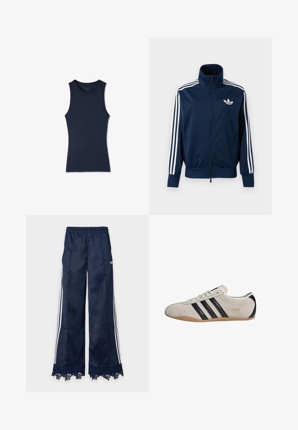 Marineblå Adidas trackjakke med hvide striber på ærmerne, fuld lynlås foran, høj krave og hvidt trefoil-logo på brystet.; Navyblå ærmeløs ribstrikket tanktop med rund halsudskæring, figursyet og uden synlige mønstre eller logoer.; Marineblå vidbenede træningsbukser med hvide sidelommer, elastisk talje, adidas-logo på hoften og blondedetalje ved kanten.; Suedesneakers med en grå overdel, sorte striber og en gummisål. Har snørelukning og en guldfarvet logo-detalje på siden.
