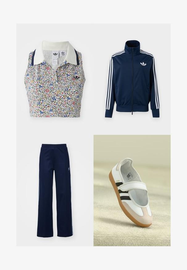Chaqueta deportiva azul marino de Adidas con rayas blancas en las mangas, cremallera completa en la parte delantera, cuello alto y logotipo trefoil blanco en el pecho.; Top de cultivo floral con base blanca decorada con flores azules, rojas y amarillas. Incluye un cuello blanco con acentos en azul marino y un logo bordado.; Pantalones de chándal de mezcla de algodón en color marino con diseño de pierna ancha, cinturilla elástica y bolsillos con cremallera, con franjas laterales blancas y detalle de logotipo.; Zapato blanco con puntera de ante rosa, rayas negras y una correa de Velcro. Cuenta con una suela de goma color tostado y un logo en el lateral.