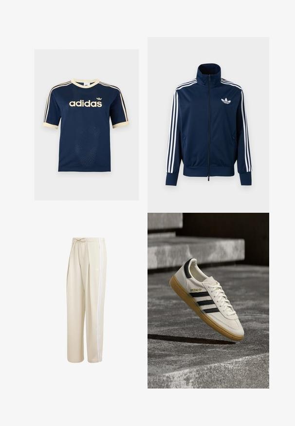 Marineblå Adidas treningsjakke med hvite striper på ermene, hel glidelås foran, høy krage og hvit trefoil-logo på brystet.; Marineblå Adidas nett kortermet skjorte med kremfarget kant, tre kremfargede striper på ermene og Adidas-logo på brystet.; Beige vidbukse treningsbukse med hvite side-striper, elastisk midje, snor og diskret logo på høyre lår.; Hvit Adidas Spezial-sneaker med svarte striper og gummisåle som svever over grå steintrapper utendørs.