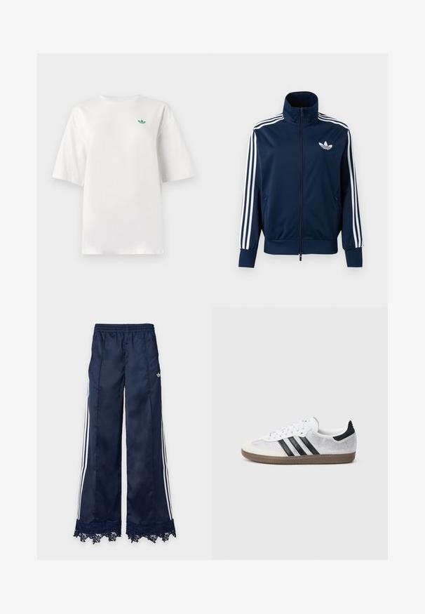 Marineblauw Adidas trainingsjack met witte strepen op de mouwen, volledige rits aan de voorkant, hoge kraag en wit trefoil-logo op de borst.; Witte t-shirt van katoen, met korte mouwen en een ronde hals. Een klein groen logo is geplaatst op de linkerborst.; Marineblauwe trainingsbroek met wijde pijpen, witte zijstrepen, elastische tailleband, adidas-logo op de heup en kantafwerking aan de zoom.; Witte mesh sneaker met zwarte strepen, beige suède neuskapje en hielaccent, gestructureerde rubberen zool en witte veters. Klassiek ontwerp met lage schacht.