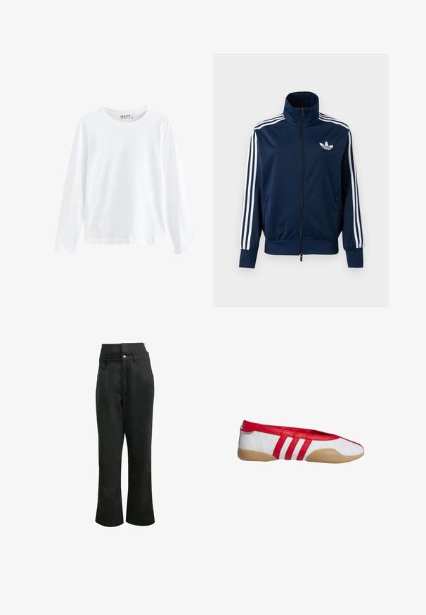 Marineblå Adidas trackjakke med hvide striber på ærmerne, fuld lynlås foran, høj krave og hvidt trefoil-logo på brystet.; Hvid langærmet T-shirt lavet af bomuld med rund hals og enkelt design, med en jævn tekstur og ingen synlige mønstre eller accenter.; Sorte bukser med afslappet pasform, der har elastik i taljen, to forlommer og en glat tekstur uden synlige mønstre eller detaljer.; Rød og hvid flad sko med rund tå, lavet af glat syntetisk materiale. Har tre røde striber og en tanfarvet gummisål.