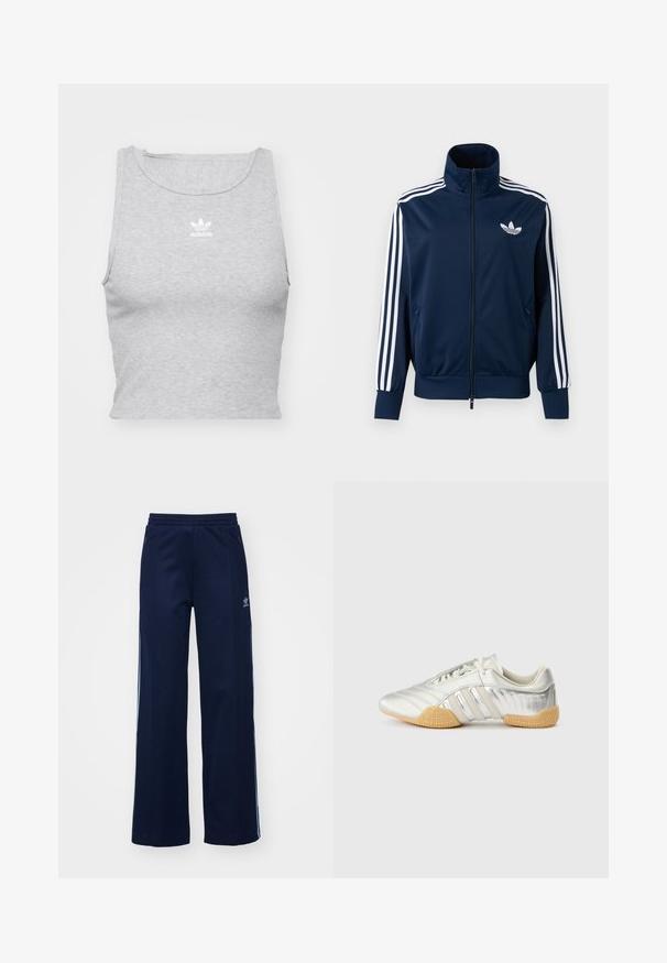Chaqueta deportiva azul marino de Adidas con rayas blancas en las mangas, cremallera completa en la parte delantera, cuello alto y logotipo trefoil blanco en el pecho.; Top corto sin mangas gris, hecho de un tejido suave, con un escote redondo y un pequeño logo blanco de Adidas en el pecho.; Pantalones de chándal de mezcla de algodón en color marino con diseño de pierna ancha, cinturilla elástica y bolsillos con cremallera, con franjas laterales blancas y detalle de logotipo.; Zapatilla deportiva plateada con parte superior de cuero suave, suela de goma y detalles texturizados. Presenta un diseño curvado y cordones tonales.
