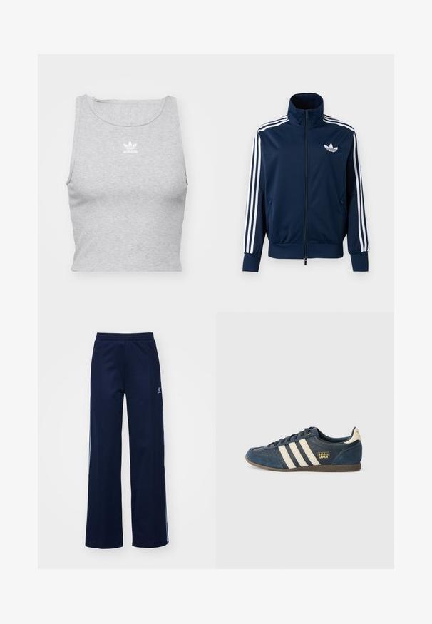 Marineblå Adidas trackjakke med hvide striber på ærmerne, fuld lynlås foran, høj krave og hvidt trefoil-logo på brystet.; Grå, ærmeløs crop top lavet af blødt stof, med rund halsudskæring og et lille hvidt Adidas-logo på brystet.; Marineblå bomuldsblandede træningsbukser med bred benstil, elastisk talje og lynlåslommer, prydet med hvide sideordner og logo-detalje.; Marineblå ruskindsneaker med cremefarvede striber, tekstureret tåområde, gyldent "adidas JAPAN" logo og en brun gummisål. Klassisk low-top design.