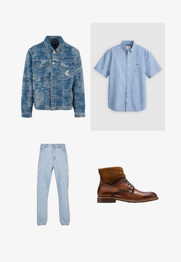 Blå denimjakke med et tekstureret, falmet mønster. Har knaplukning foran, to brystlommer og et logo accent på lommen.; Lyseblå denim kortærmet skjorte med knappestolpe og knapper foran, samt en lille logo på venstre bryst. Glat tekstur.; Lysblå denim jeans med en afslappet pasform, der har stjerneformede udsparinger, malersplatter og et klassisk fem-lomme-design.; Kazar ALID - Snørestøvletter - brown