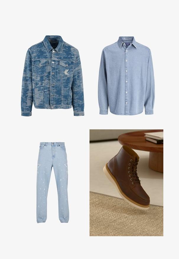 Blå denimjakke med et tekstureret, falmet mønster. Har knaplukning foran, to brystlommer og et logo accent på lommen.; Lysblå denim skjorte med lange ærmer og knapper, med krave og hvide knapper, præsenteret mod en helt hvid baggrund.; Lysblå denim jeans med en afslappet pasform, der har stjerneformede udsparinger, malersplatter og et klassisk fem-lomme-design.; Brune læderankelstøvle med beige sål på et struktureret beige tæppe ved siden af et rundt træbord med stakke af bøger.