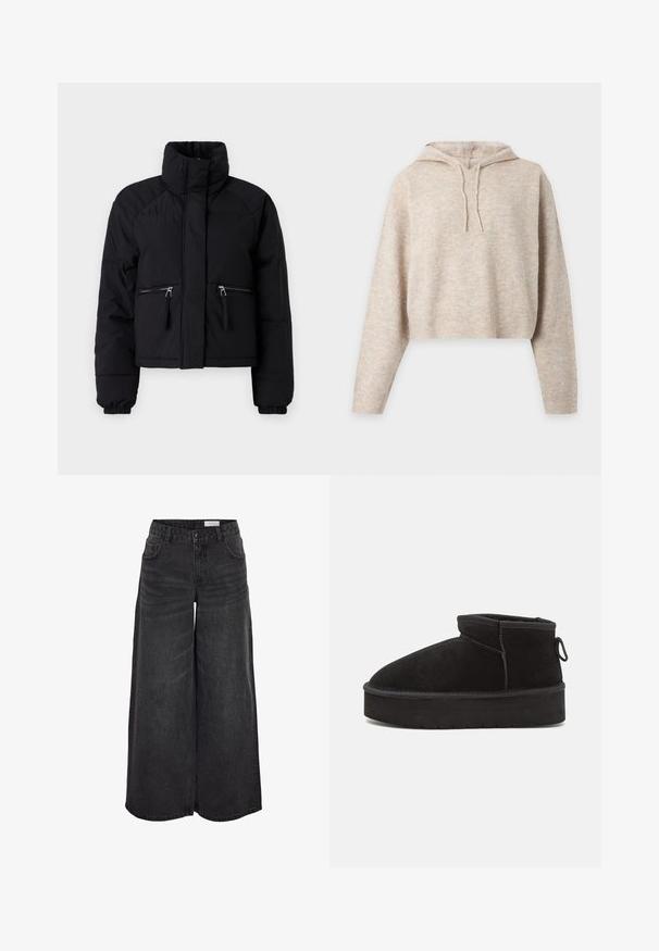 Sort cropped puffer jakke med høj krave, to lynlåslommer foran, elastiske manchetter og glat tekstur.; Beige strikket cropped hættetrøje med lange ærmer og snore, vist på en ensfarvet lys baggrund.; Bredde ben sorte denimshorts med høj talje, forlommer og subtil tekstur; designet til en afslappet pasform.; Sorte ruskinds ankelstøvler med en rund tå, der har en forhøjet sål og en sidesløjfe for nem påtagning. Designet er enkelt med minimale detaljer.