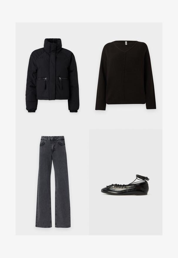 Schwarze, kurze Pufferjacke mit hohem Kragen, zwei mit Reißverschluss verschlossenen vorderen Taschen, elastischen Bündchen und glatter Textur.; Schwarzer V-Ausschnittpullover aus einem weichen, strukturierten Strick. Mit langen Ärmeln und gerippten Bündchen sowie einer dezent gestickten Mittelnaht. Lässiger Schnitt.; Schwarze Denim Schlagjeans mit hoher Taille, ausgestattet mit zwei Vorderaschen und dezenten Steppdetails entlang der Nähte.; Schwarze Ballerinas aus Lackleder mit runder Spitze, Schnürdesign und flacher Sohle. Glatte Textur mit minimaler Verzierung.