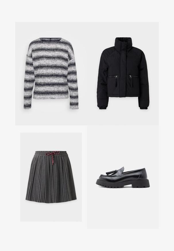 Doudoune noire courte avec un col montant, deux poches avant zippées, des poignets élastiques et une texture lisse.; Haut à manches longues rayé gris et noir avec un col rond. Tissu doux et texturé avec des largeurs de rayures variées et une coupe décontractée.; Jupe plissée gris foncé avec une taille élastique et un cordon bordeaux noué au centre devant.; Mocassins en cuir noir avec une forme effilée, un détail à pampilles, et une semelle en caoutchouc épaisse présentant un motif cramponné pour une meilleure adhérence.