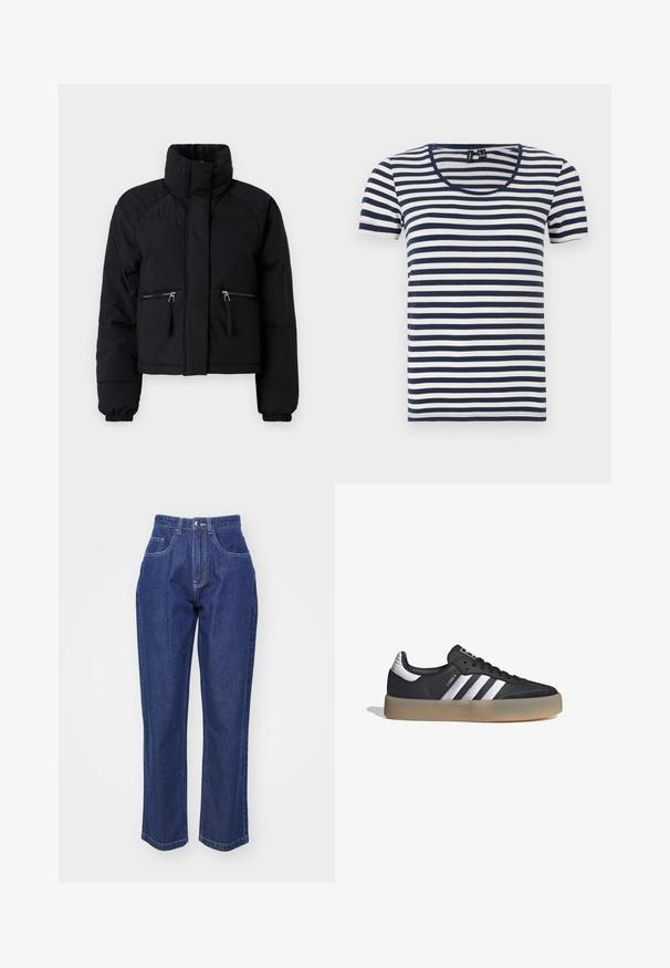 Sort cropped puffer jakke med høj krave, to lynlåslommer foran, elastiske manchetter og glat tekstur.; Stribet T-shirt med korte ærmer, der har marineblå og hvide vandrette striber, en rund halsudskæring og et blødt bomuldsstof.; Mørkeblå denim jeans med høj talje, lige ben, fem lommer og kontrastsyninger. Klassisk design med en glat tekstur.; Sort læder atletiksko med tre sølvstriber, en struktureret tå og en gummisål. Har en polstret krave og snørebåndsdesign.