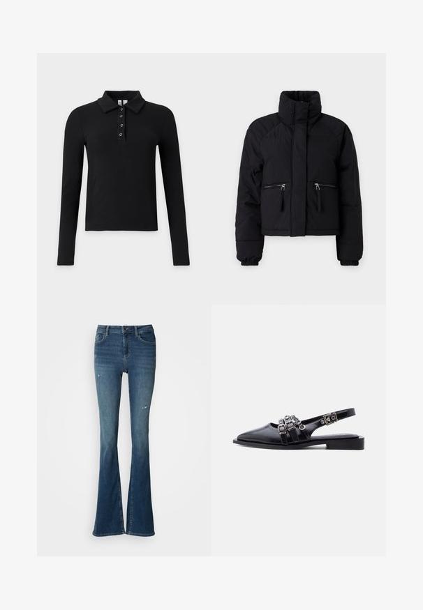 Sort cropped puffer jakke med høj krave, to lynlåslommer foran, elastiske manchetter og glat tekstur.; Sort langærmet ribbet polo-skjorte med krave og fire metaløje-knapper på klappen.; Flared jeans i falmet blå denim med forskellomme, høj talje og slidte detaljer med synlige syninger.; Sort læder spaet tå slingback flad med tre spændestropper og sølvhardware på hvid baggrund.