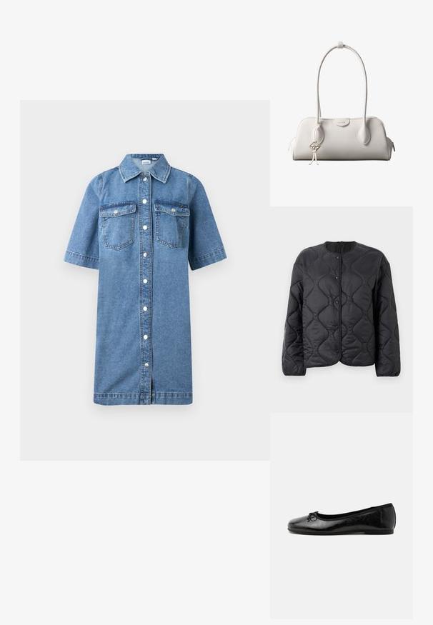 Sort kviltet jakke med bølgestikninger, rund halsudskæring, trykknaplukning og lange ærmer på en hvid baggrund.; Denim skjortekjole, lyseblå farve, korte ærmer, knaplukning foran, to brystlommer, lige snit og let flaret kant.; Sort skinnende læder balletflad med lav hæl og lille dekorativ sløjfe foran, vist fra siden på ensartet lyst baggrund.; Hvid Calvin Klein skuldertaske med lange håndtag, rektangulær form, lynlåslukning og dekorativt logohæng tæt på håndtaget.