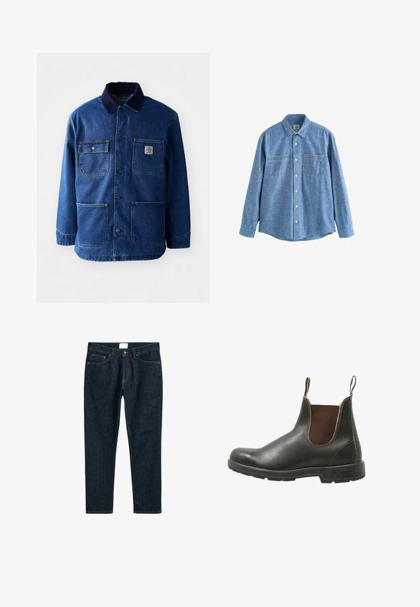Denimjakke i mørkeblå med en kordfløjlskrave. Har fire lommer, knaplukning foran og en let indsnævret kant. Holdbart stof.; Langærmet blå chambray-skjorte med knaplukning foran og to brystlommer, lagt fladt på en hvid baggrund.; Mørkeblå denim jeans, lige pasform, med fem lommer, knaplukning og kontraststikninger. Glat tekstur med et klassisk design.; Chelsea støvle lavet af glat sort læder med brune elastiske sidepaneler, kontrastsyet, og en struktureret gummisål.