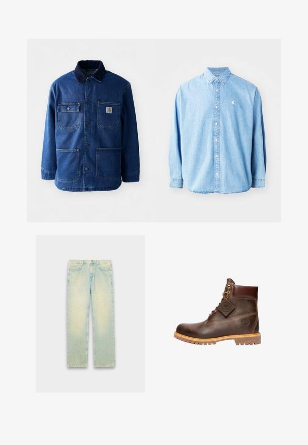Veste en denim bleu foncé avec un col en velours côtelé. Comprend quatre poches, un devant à boutons et un ourlet légèrement taillé. Tissu durable.; Chemise en denim bleu clair à boutons avec manches longues, col pointu et petit logo sur la poitrine gauche. Offre une coupe décontractée et un design classique.; Jeans en denim bleu clair à coupe ample, dotés de cinq poches, d'une fermeture éclair et d'une finition délavée au niveau des cuisses et des genoux.; Bottine en cuir marron avec un bout rond, une semelle robuste, des éléments en doré et un dessus texturé. Comprend une étiquette de logo attachée.